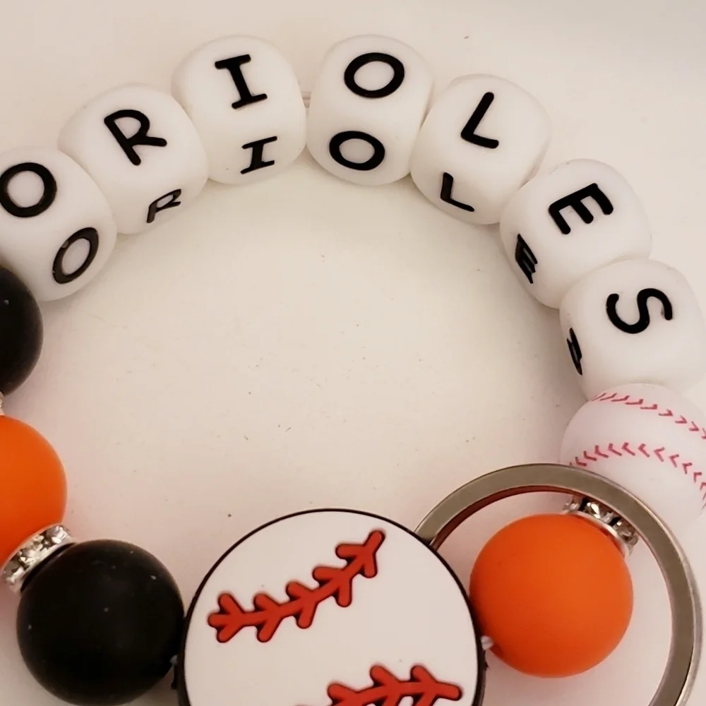 Handcrafted Orioles Beaded Silicone Focal Bead Wristlet Keychain Bracelet